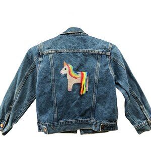 I Love Plum Girls Size 6 Denim Jacket Unicorn Embroidered Rainbow Jean Jacket